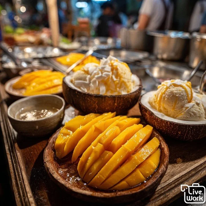 Thai street desserts are easier to order than they look&mdash;start with a few classics. Mango Sticky Rice is creamy coconut rice + ripe mango (sweet, fragrant, filling). Coconut Ice Cream is rich and lightly salty-sweet, and Bua Loy is a warm coconu