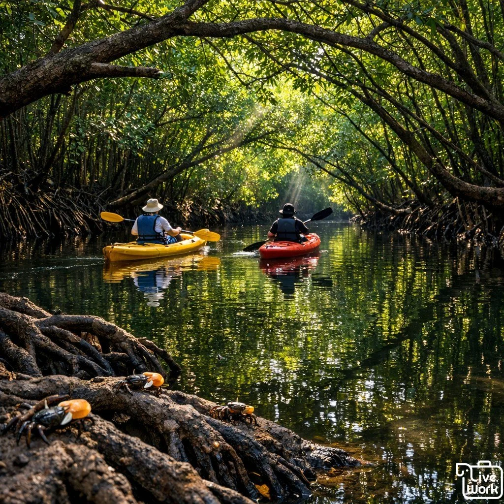 Kayaking through Krabi&rsquo;s mangroves is the calmest way to escape the midday heat&mdash;cool shade, glassy water, and the quiet hum of nature. Mangroves are coastal guardians: their roots shelter baby fish, trap sediment, and help protect shoreli