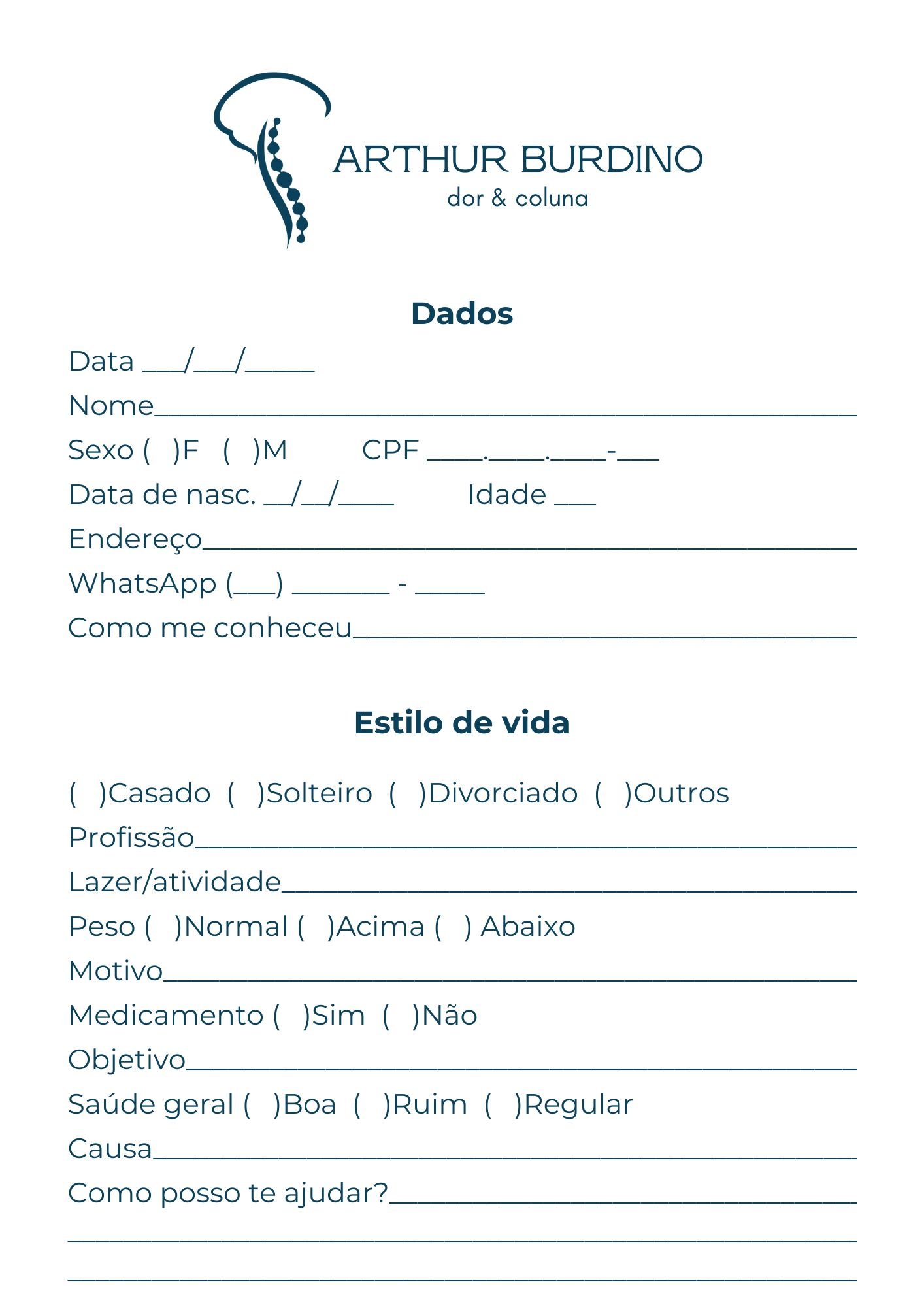 Formulário médico para pacientes da clínica de dor e coluna, com campos para nome, dados pessoais, estilo de vida e saúde.