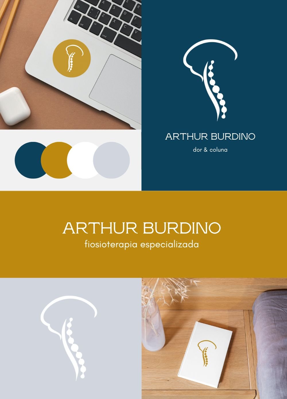 Design gráfico de fisioterapia especializada com elementos visuais, incluindo um laptop com adesivo de coluna, cartão de visita e logotipo de Arthur Burdino. Cores: azul, dourado, branco, cinza.