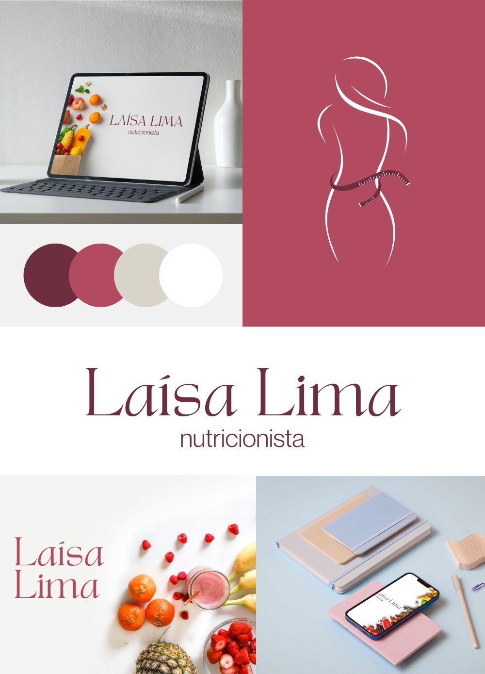 Montagem visual de uma nutricionista chamada Laísa Lima. Inclui um tablet com imagem de frutas e legumes, um logotipo estilizado de uma figura humana com fita métrica, e imagens relacionadas a saúde e nutrição. Paleta de cores em tons de marrom, rosa