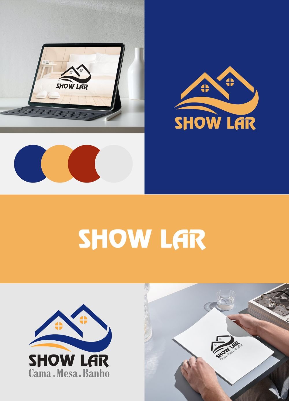 Colagem de imagens e elementos gráficos promovendo a marca "Show Lar", com logotipo, esquema de cores, e uma pessoa segurando um documento com o logotipo impresso.
