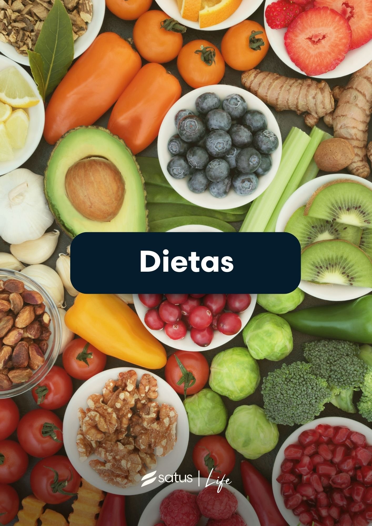 Imagem com frutas e vegetais variados como kiwi, abacate, pimentão, morango, tomate e nozes, com a palavra "Dietas" no centro em um retângulo azul.