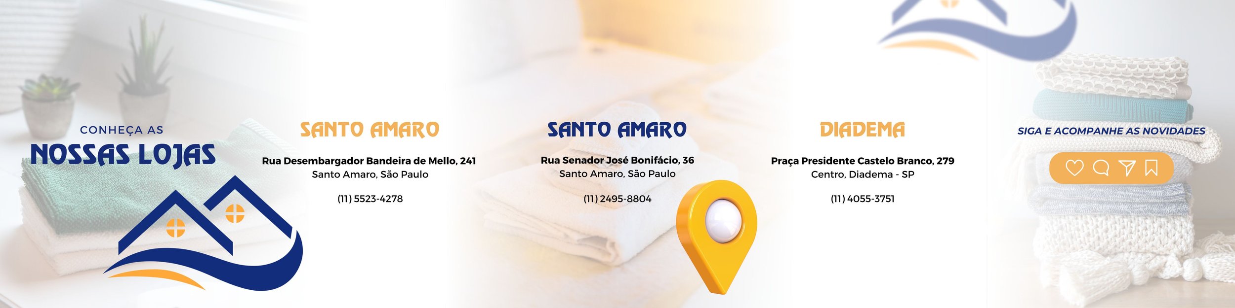 Banner promocional de lojas de tecidos em São Paulo, destacando endereços em Santo Amaro e Diadema, com imagens de tecidos e ícones de redes sociais.