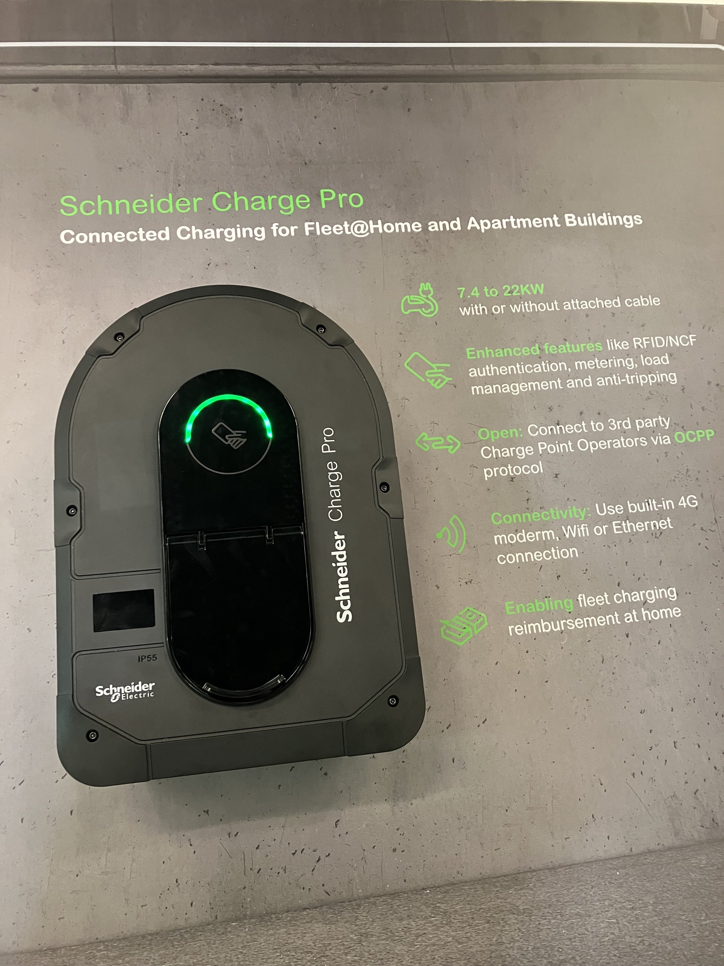 Schneider Charge Pro electric vehicle charging station with features listed: 7.4 to 22KW, RFID/NCF authentication, OCPP protocol, 4G, WiFi, Ethernet connectivity.