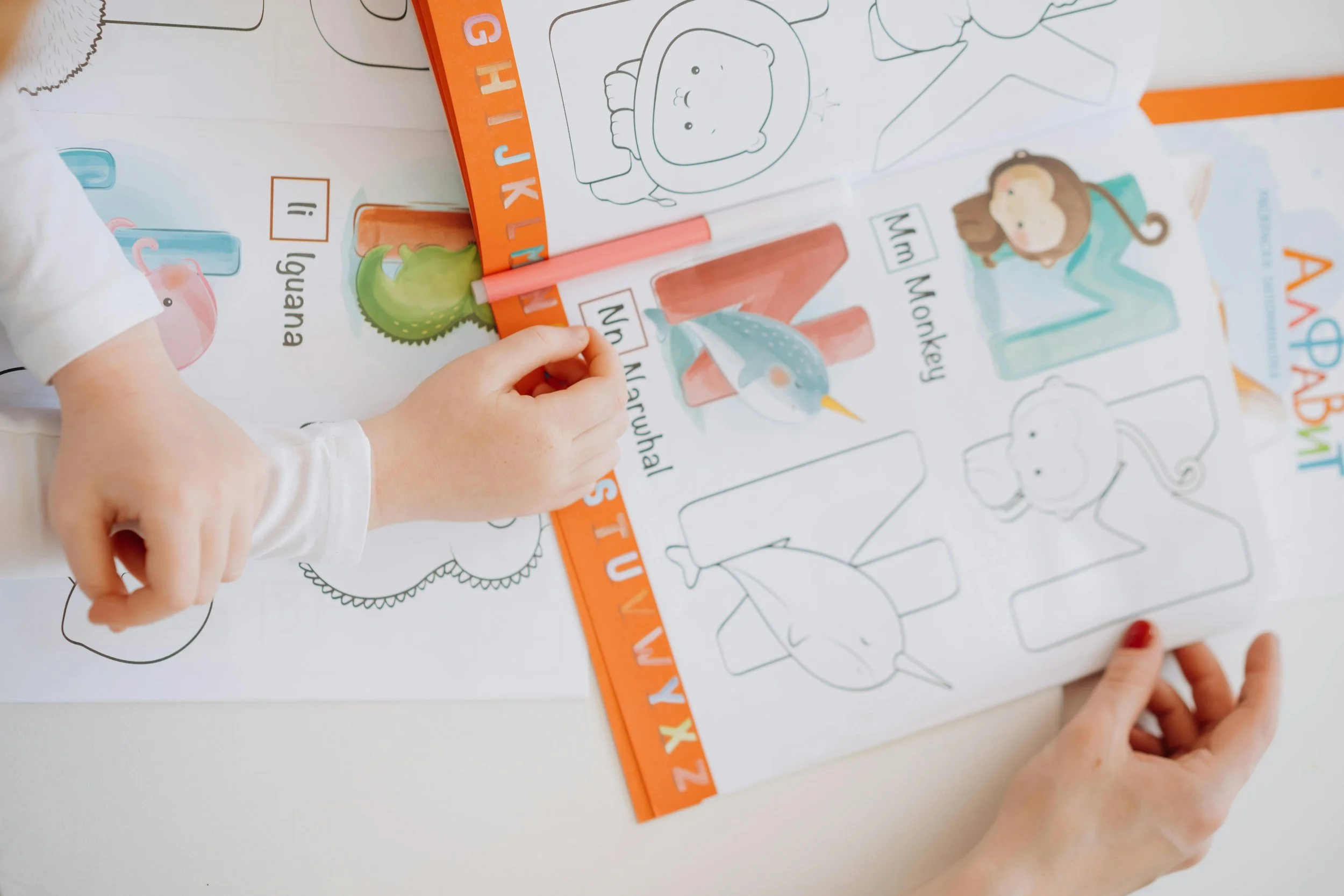 A child coloring animal and alphabet activity sheets on a white table.