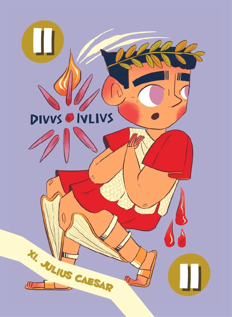 Illustration of Julius Caesar for the number 11 card in a deck of children's playing cards.