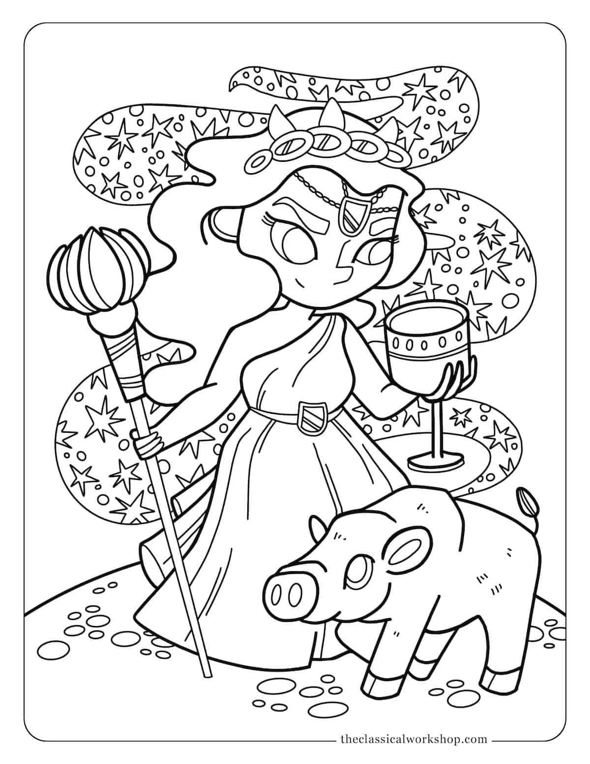 Greek mythology coloring page of Circe the witch from Homer's Odyssey.
