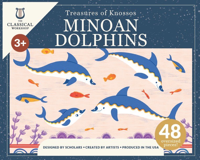 Front of box for 48-piece children's floor puzzle with illustration of dolphins.
