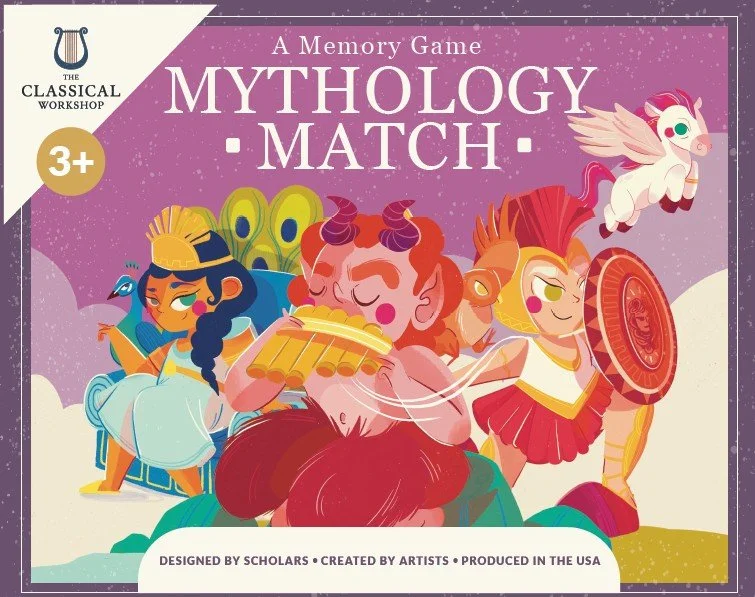 Front of game box for a memory match card game based on Greek mythology.