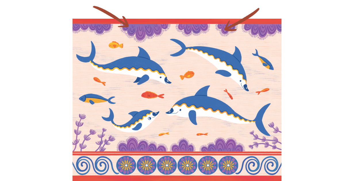 Children's illustration of a 48-piece puzzle featuring playful dolphins inspired by an ancient painting.