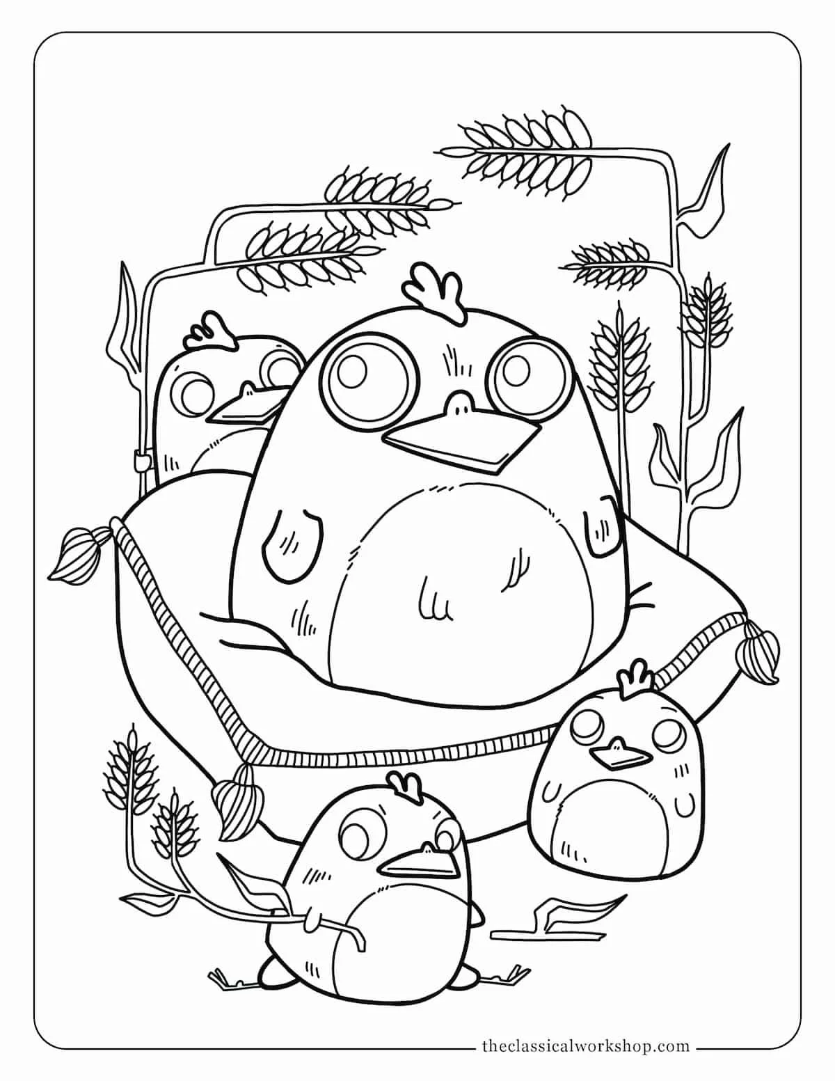 Roman mythology themed coloring page for children featuring the Sacred Chickens from ancient Roman history.