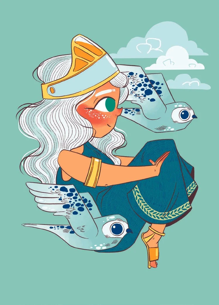 Stylized children's illustration of Roman goddess Minerva, shown with two owls.