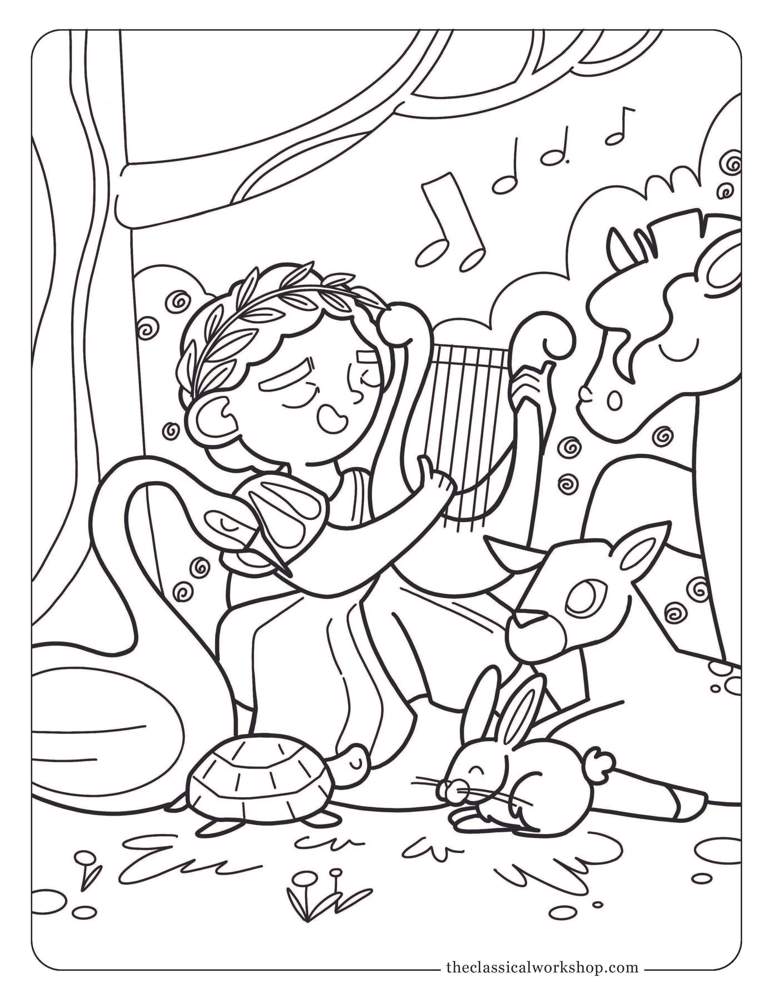 Greek mythology themed coloring page for children featuring the Greek hero orpheus holding a lyre and singing to animals.