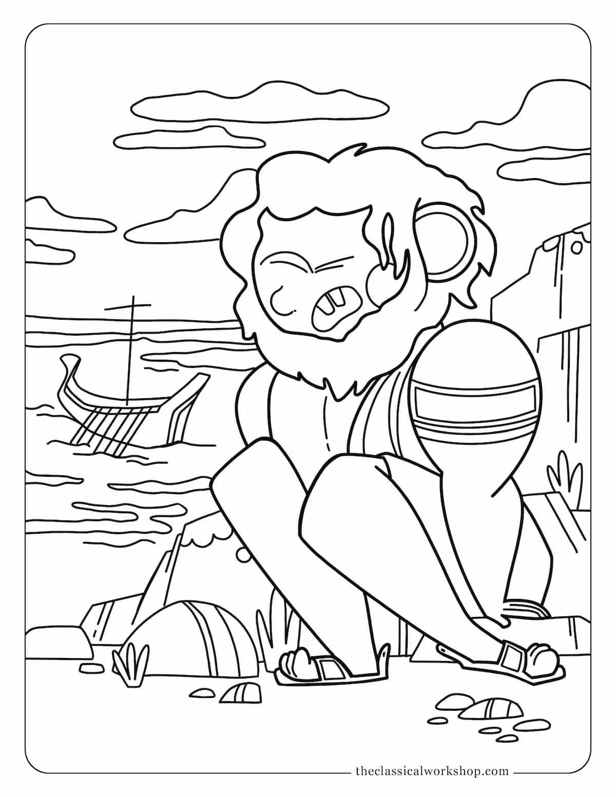 Greek mythology coloring page for children featuring the cyclops Polyphemus and Odysseus's ship sailing away.