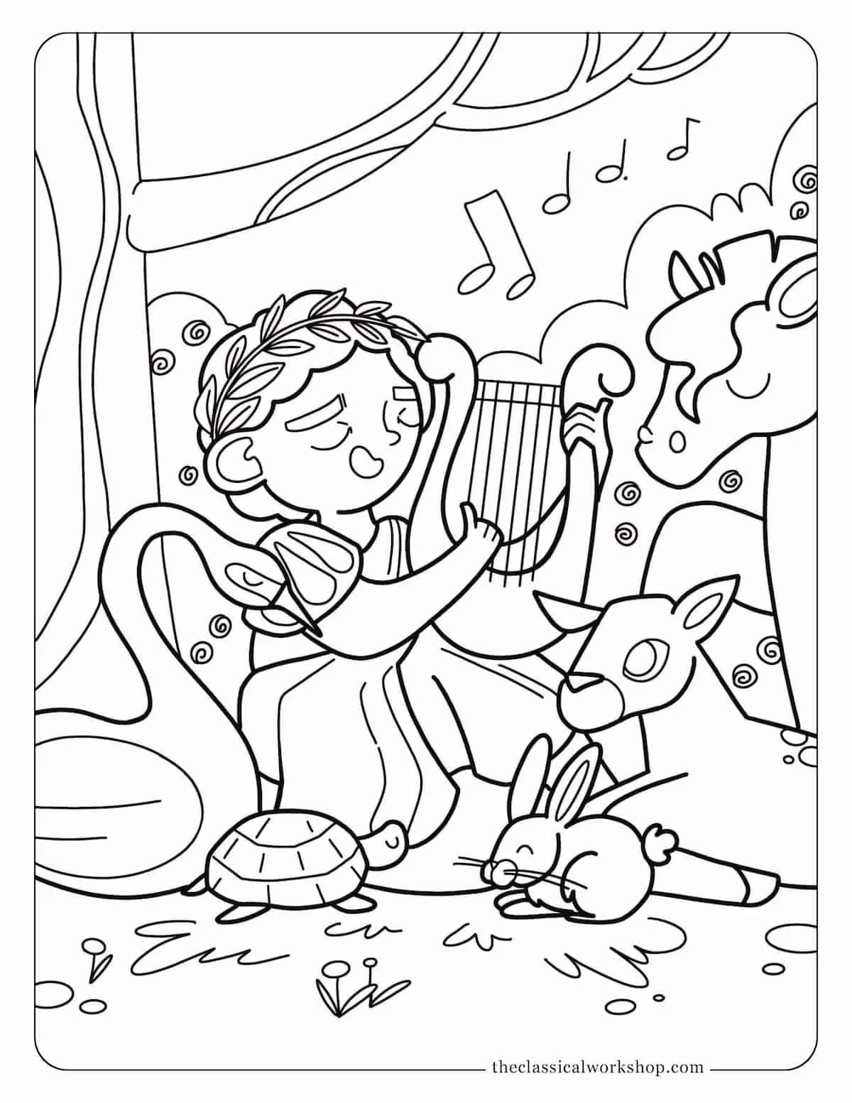 Greek mythology coloring page for children featuring the Greek hero Orpheus holding a lyre and singing to animals.