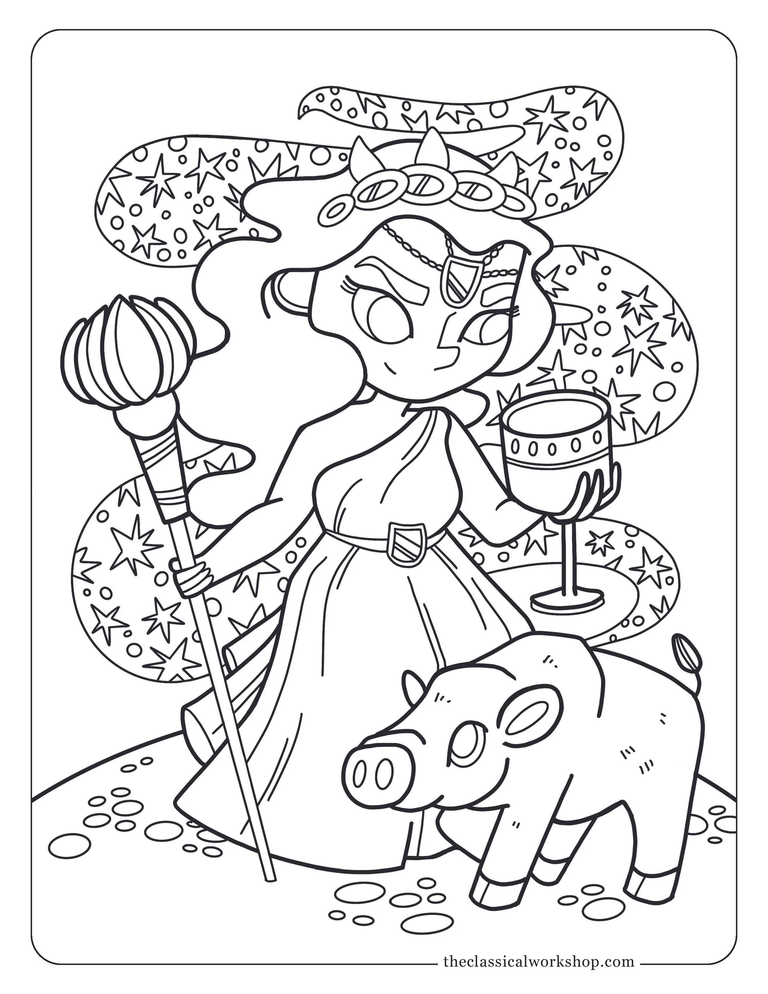 Children's coloring page of Greek mythological figure Circe and a pig.