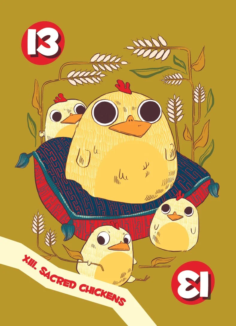 Illustration of Sacred Chickens for the number 13 card in a deck of children's playing cards.