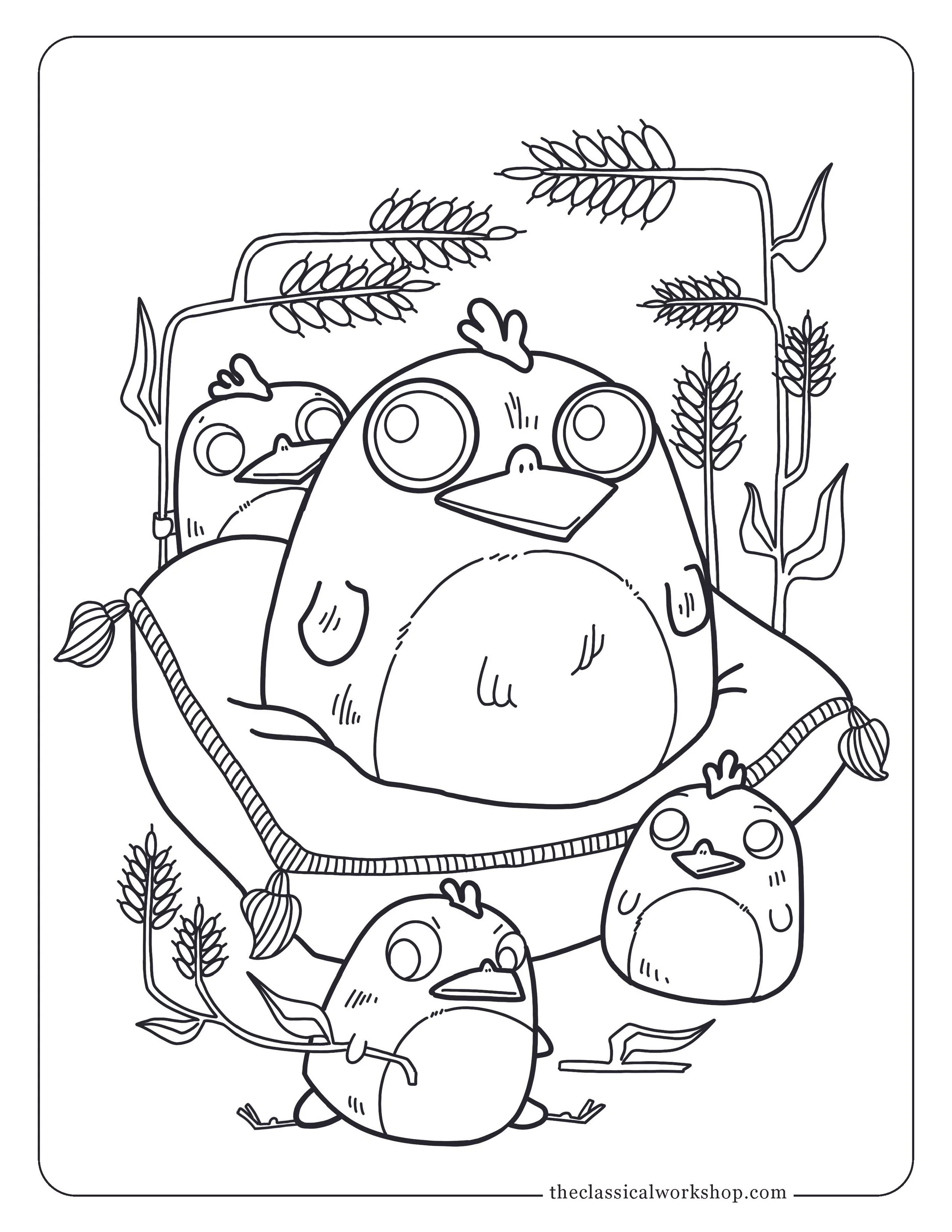 Children's coloring page of the Sacred Chickens from ancient Roman history.