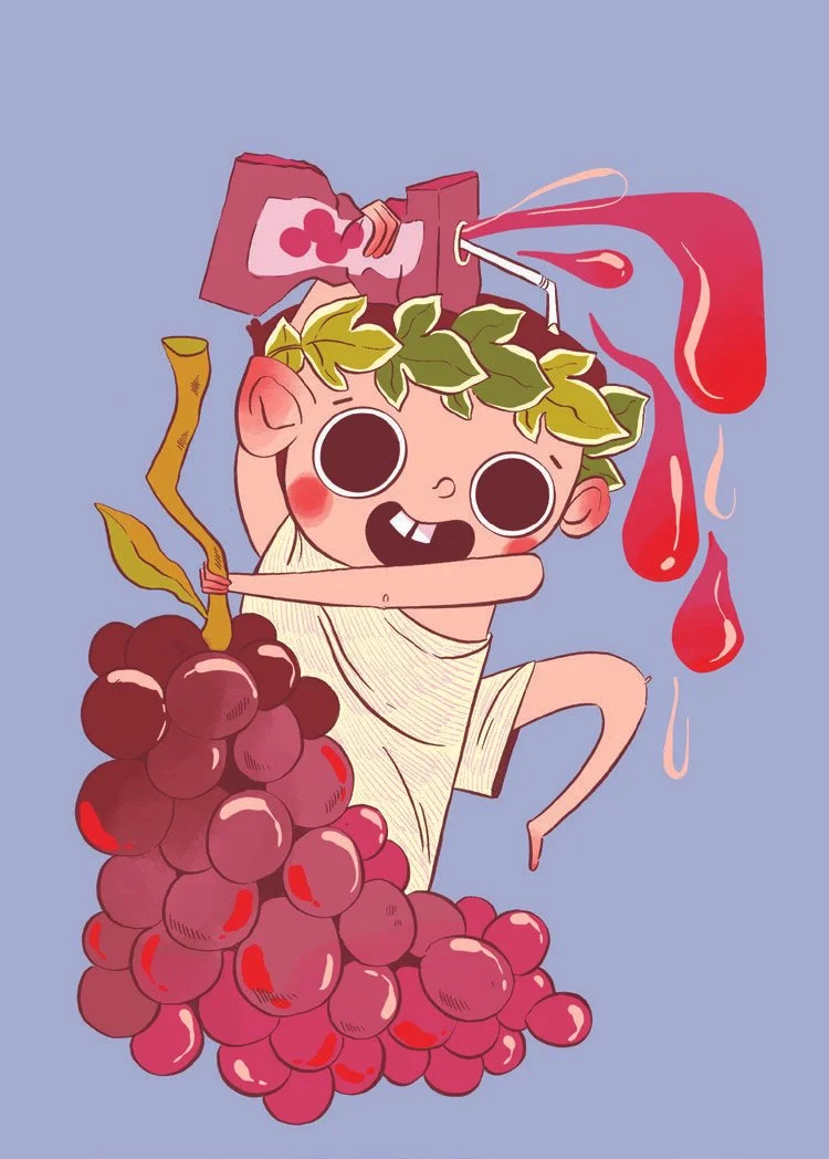 Stylized children's illustration of Roman god Bacchus, shown holding a bunch of grapes and squeezing a juice box.