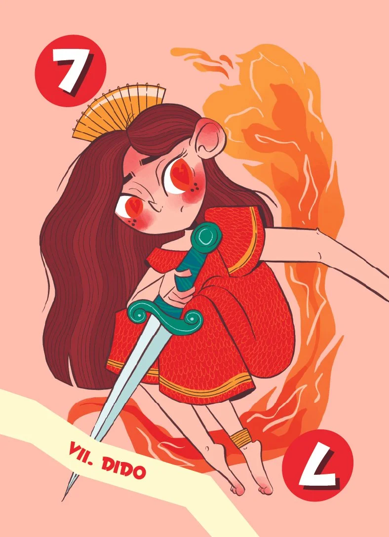 Illustration from number 7 card in children's playing card deck. The illustration is of Dido, first queen of Carthage.