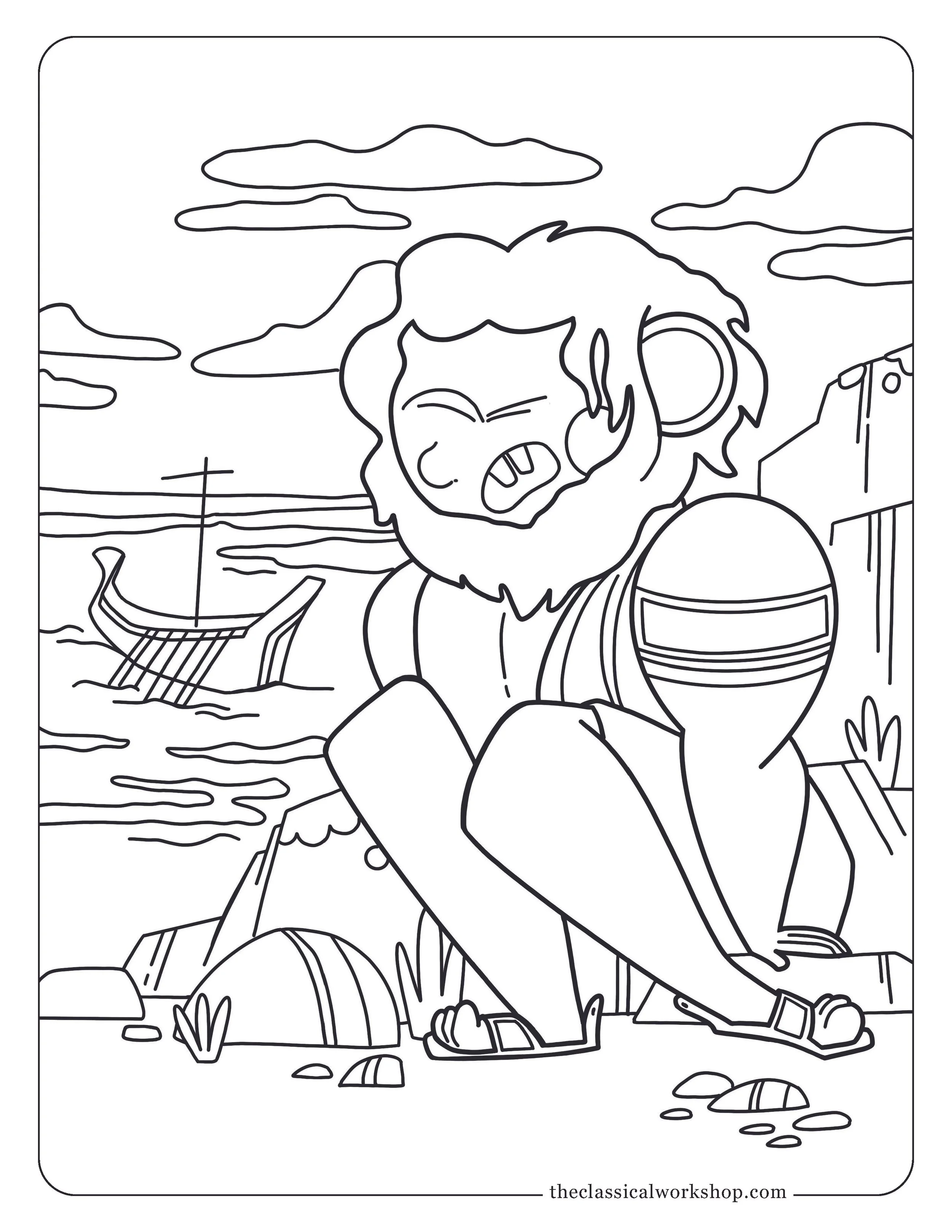 Children's coloring page of Polyphemus the Cyclops with a boat sailing away in the background.