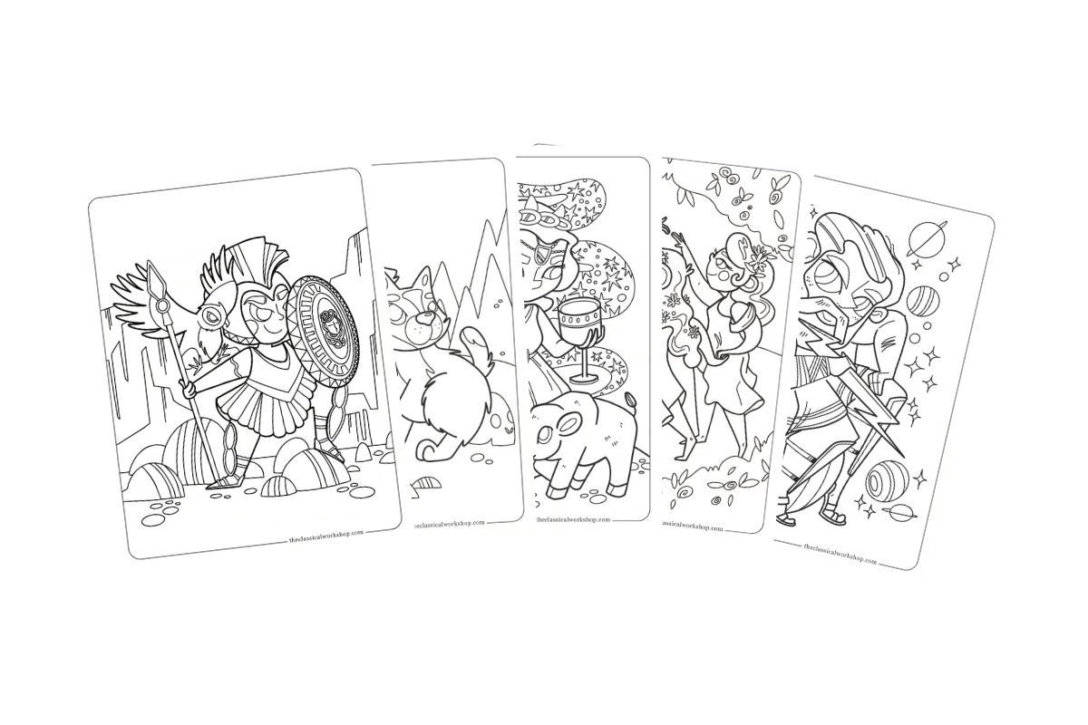 Collection of children's coloring pages featuring illustation of characters from Greek and Roman mythology including Athena, Cerberus, Circe, the Graces, and Jupiter.