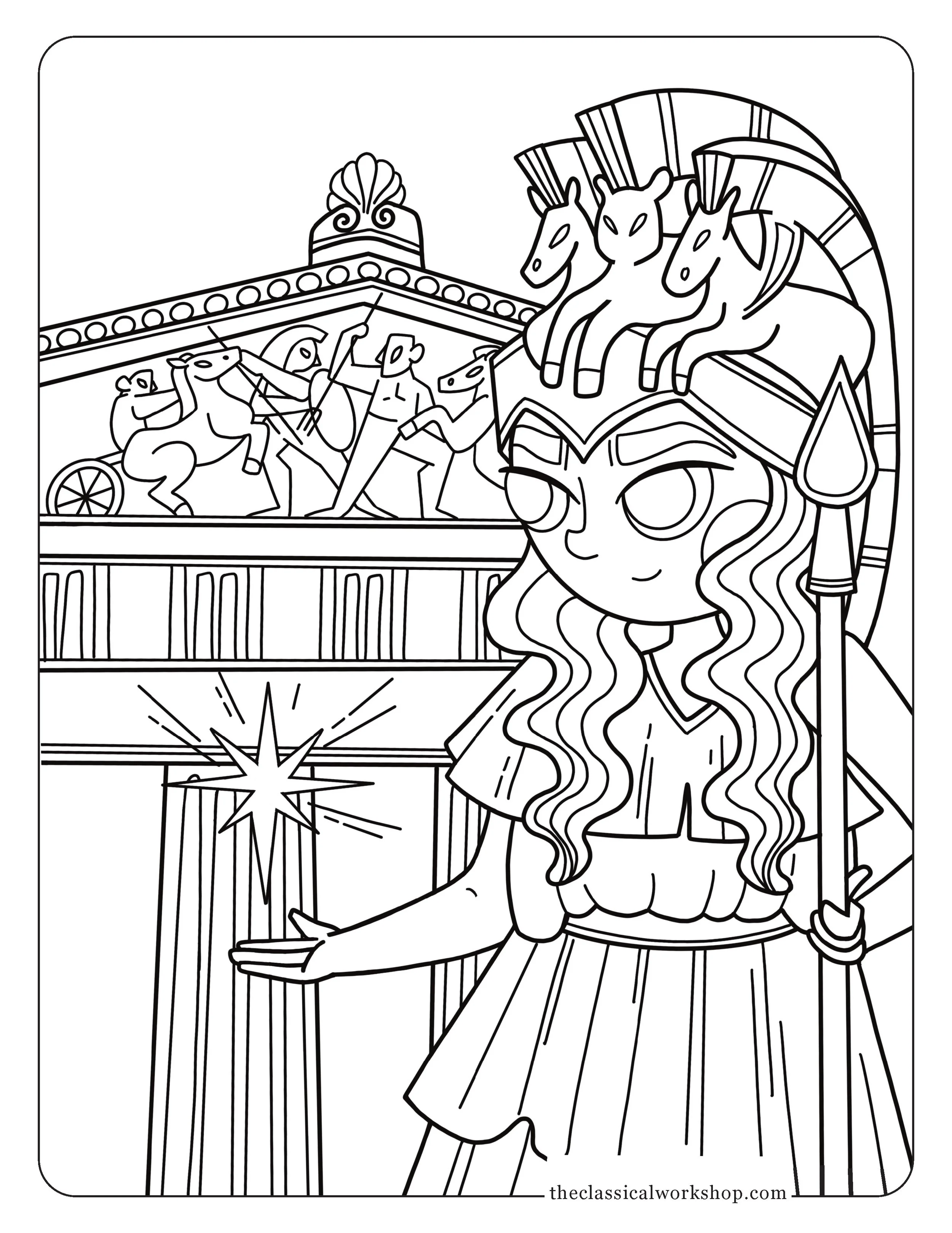 Coloring page of greek goddess athena standing in front of ancient temple the parthenon