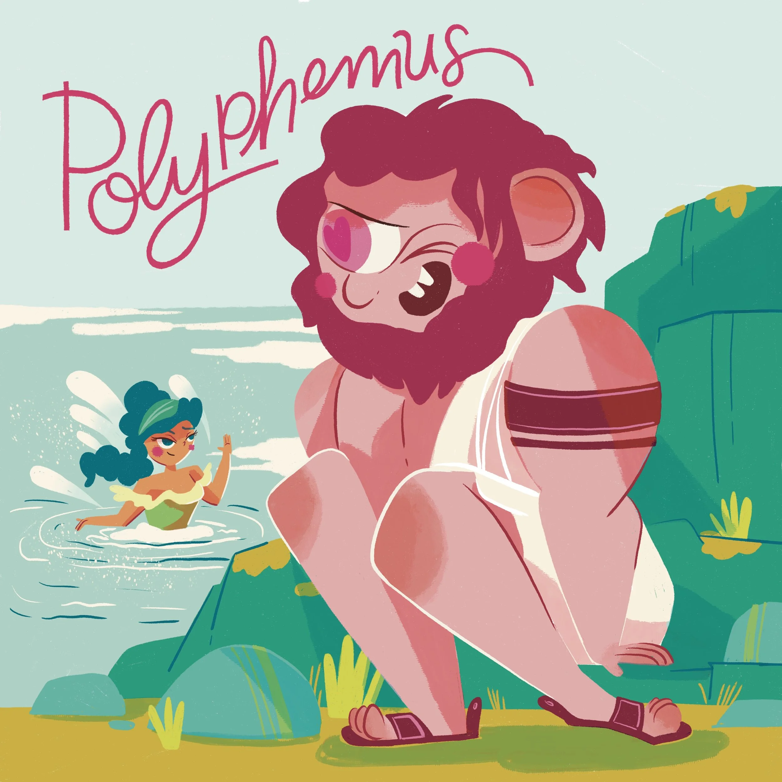 Children's illustration of Polyphemus the Cyclops and Galatea the sea nymph from the children's game Mythology Match.