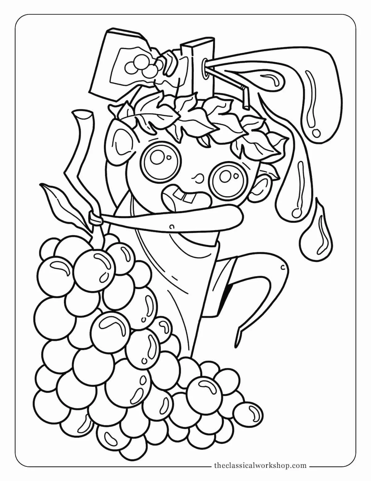 Roman mythology themed coloring page for children featuring the god Bacchus, also called Dionysus, dancing with grapes and a juicebox.