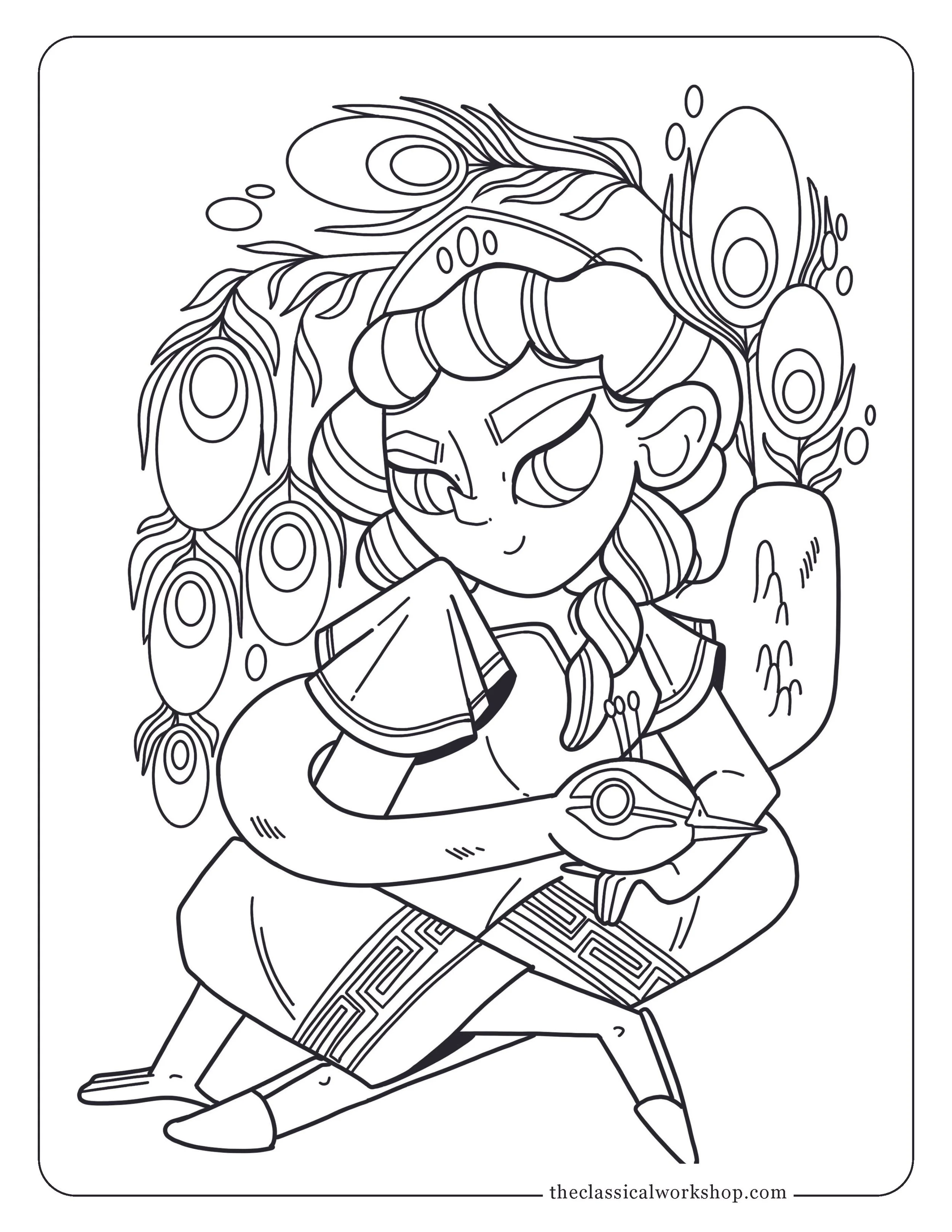 Children's coloring page of the Roman goddess Juno with her bird, the peacock.