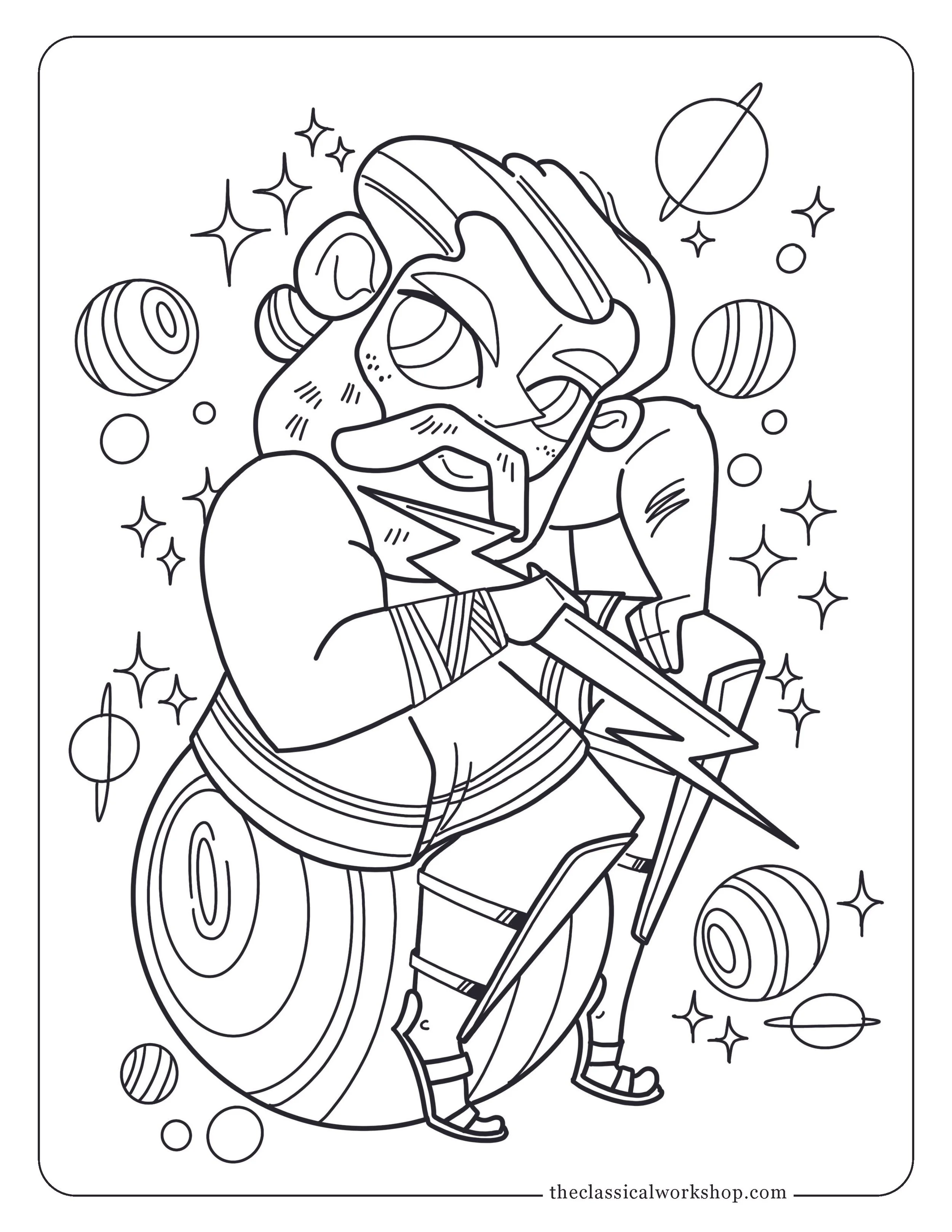 Children's coloring page of the Roman god Jupiter sitting on the planet Jupiter with other planets in the background.