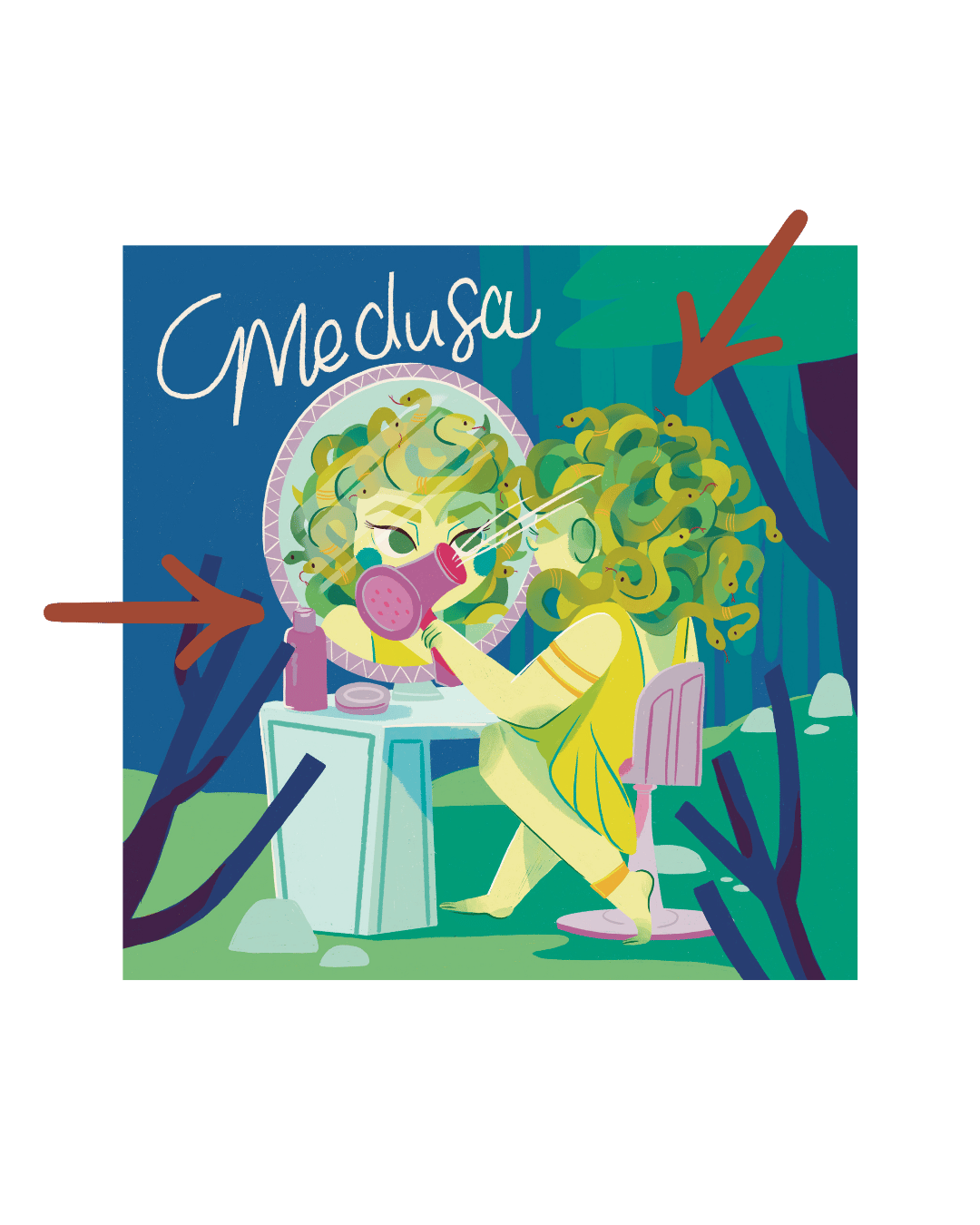 Children's image of Medusa from Greek mythology styling her hair in a mirror.