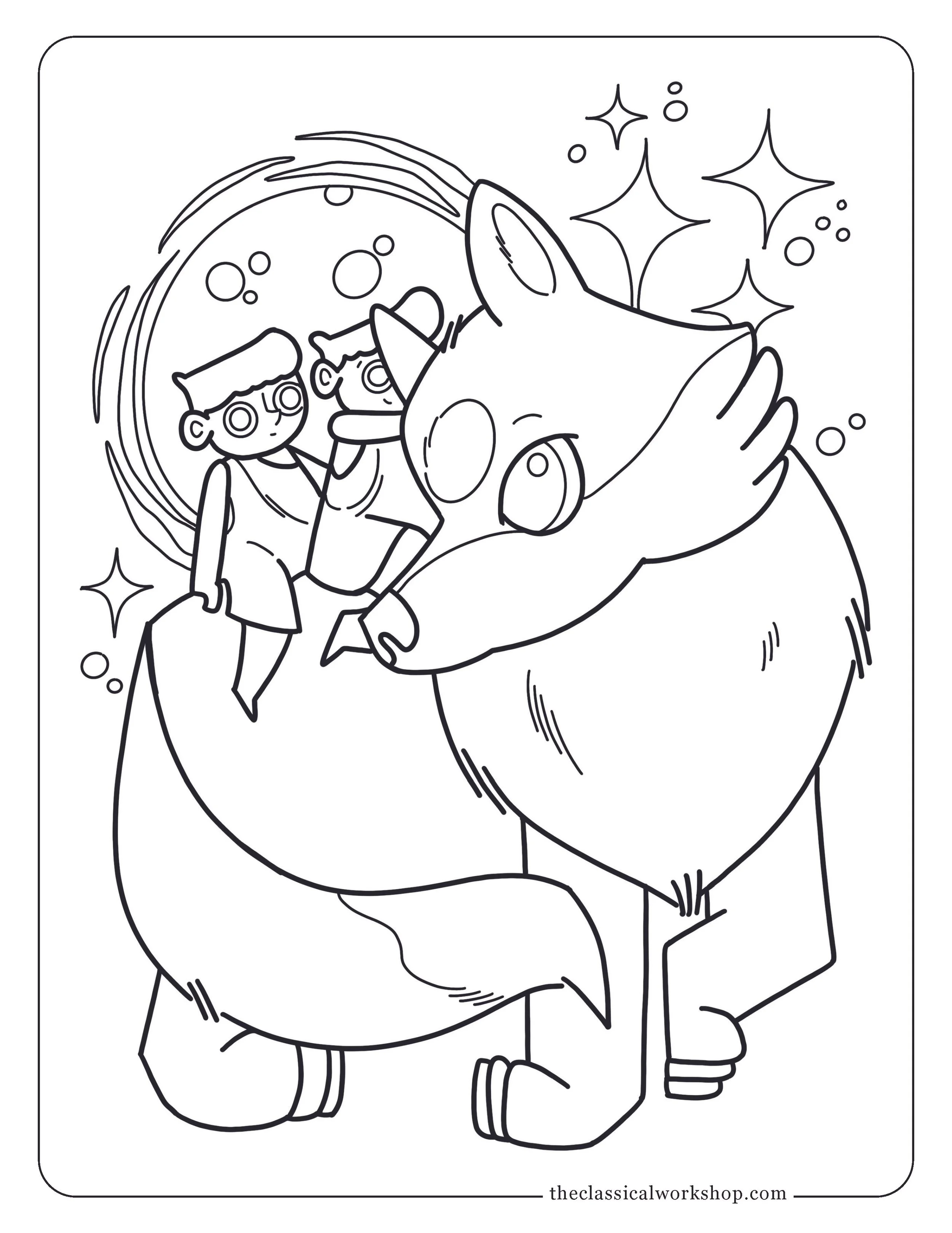 Children's coloring page of the She-Wolf from Roman mythology with Romulus and Remus riding on her back and stars in the background.