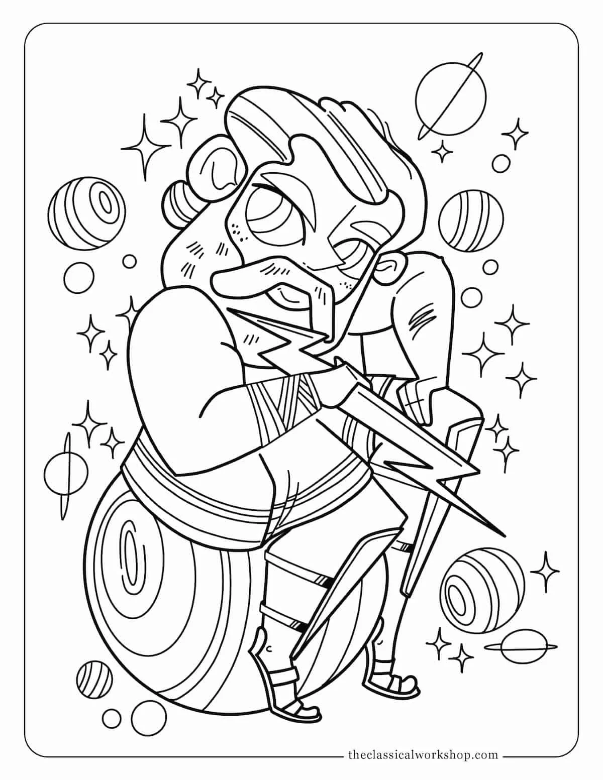 Roman mythology themed coloring page for children featuring the god Jupiter, holding a thunderbolt and sitting among the planets.