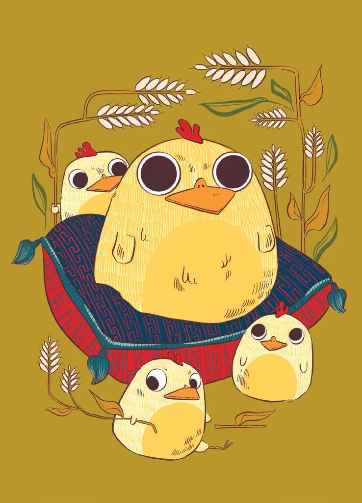 Stylized children's illustration of Roman Sacred Chickens arranged in a comic pose.