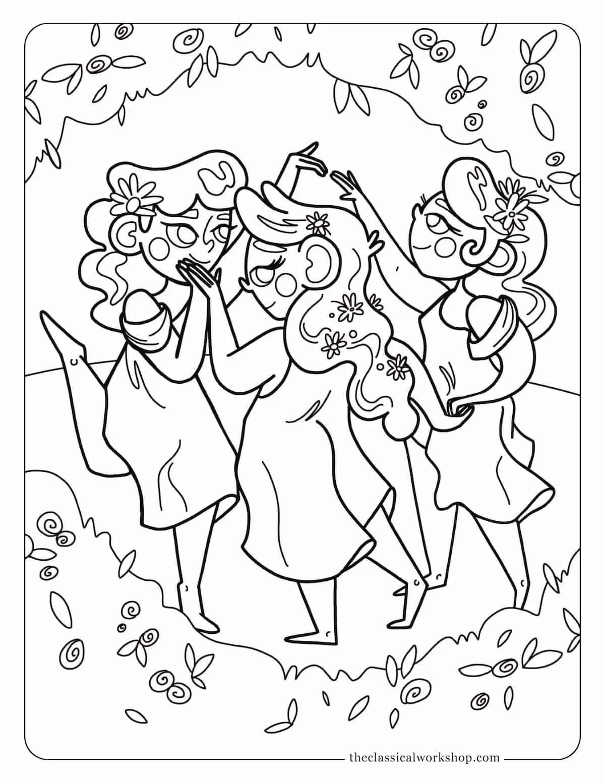 Greek mythology coloring page for children featuring the three Graces, Greek goddesses and attendants of Aphrodite.