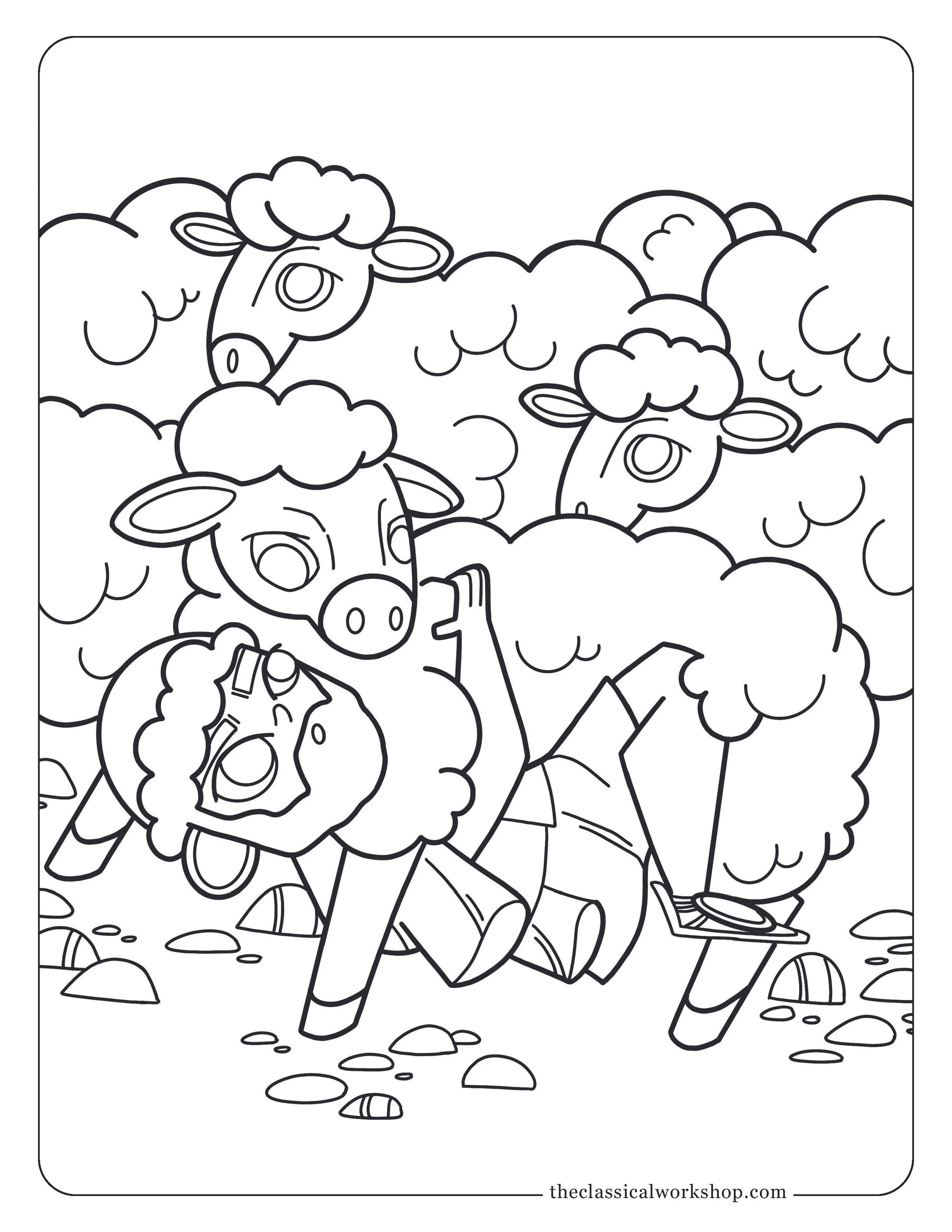Children's coloring page of Odysseus escaping the Cyclops' cave by hanging underneath a sheep.