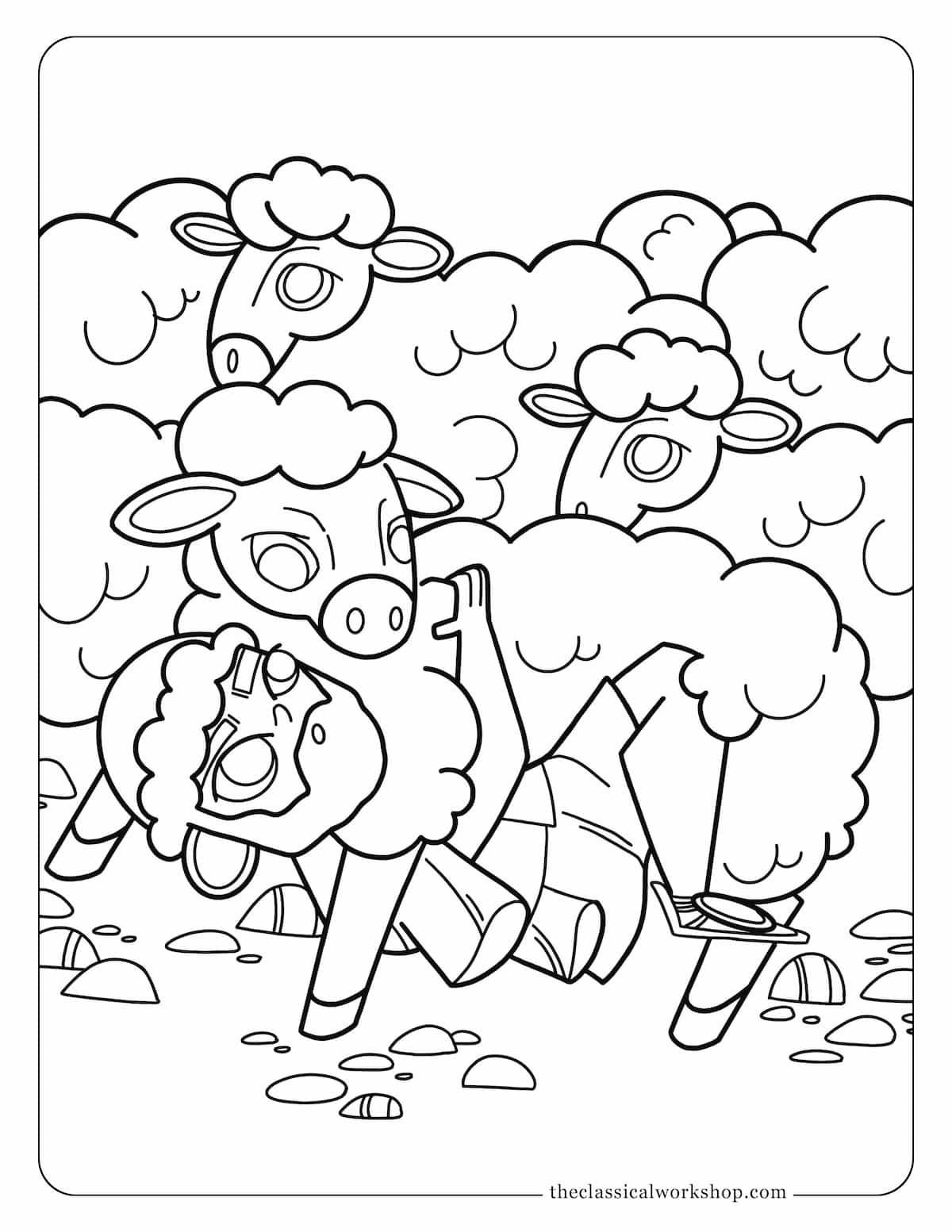 Greek mythology coloring page for children featuring Odysseus sneaking out of the Cyclops's cave under a sheep.