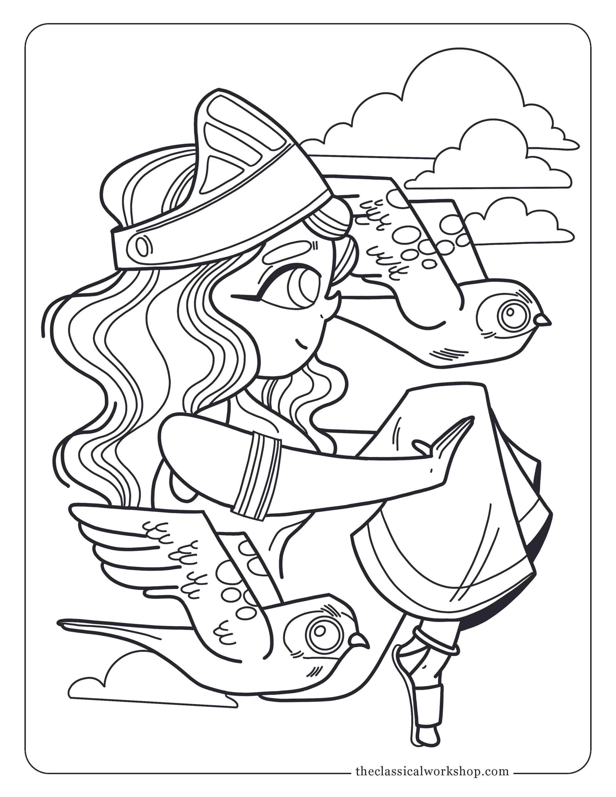 Children's coloring page of the Roman goddess Minerva with two owls.