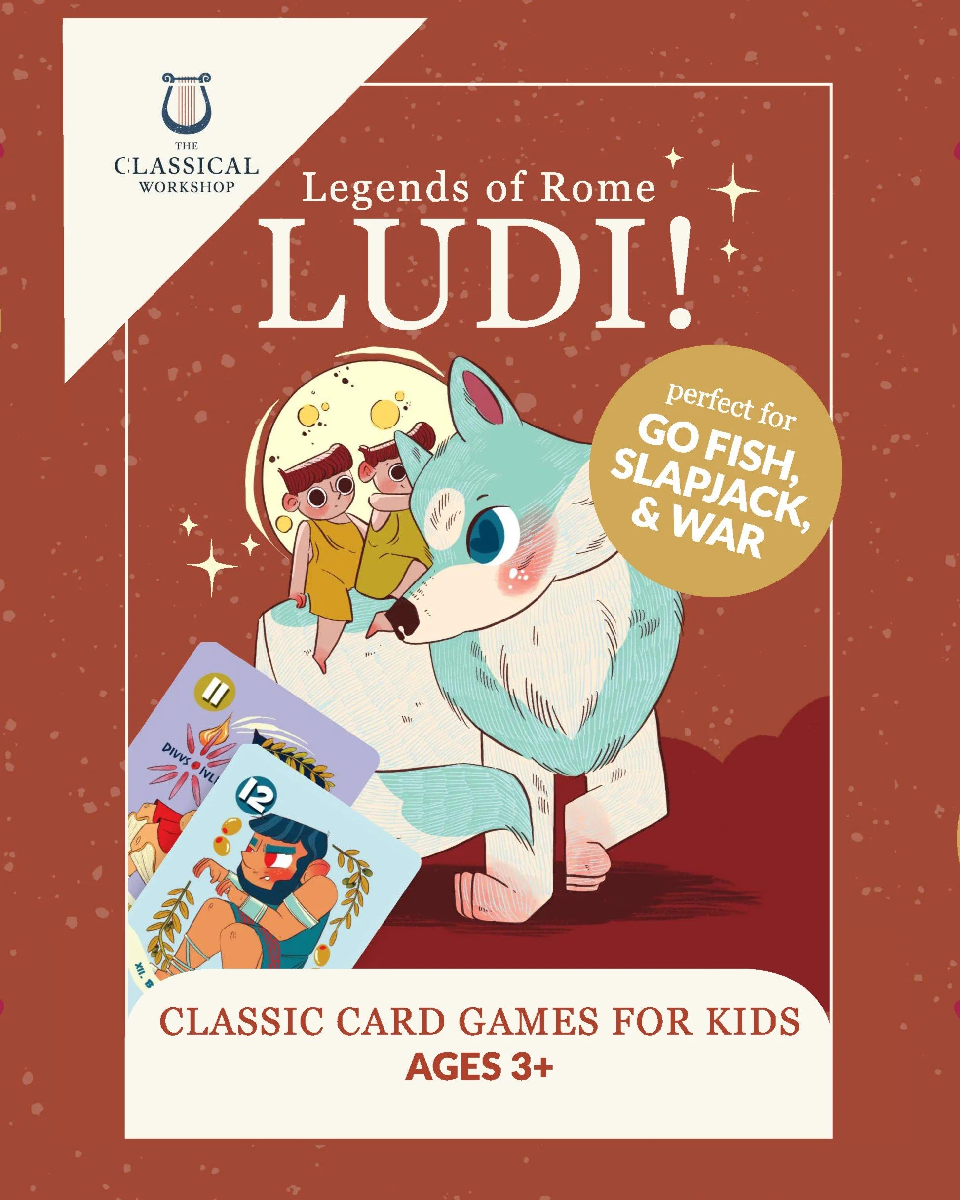 Cover art for a deck of children's playing cards featuring the She-Wolf and Romulus and Remus from Roman mythology.