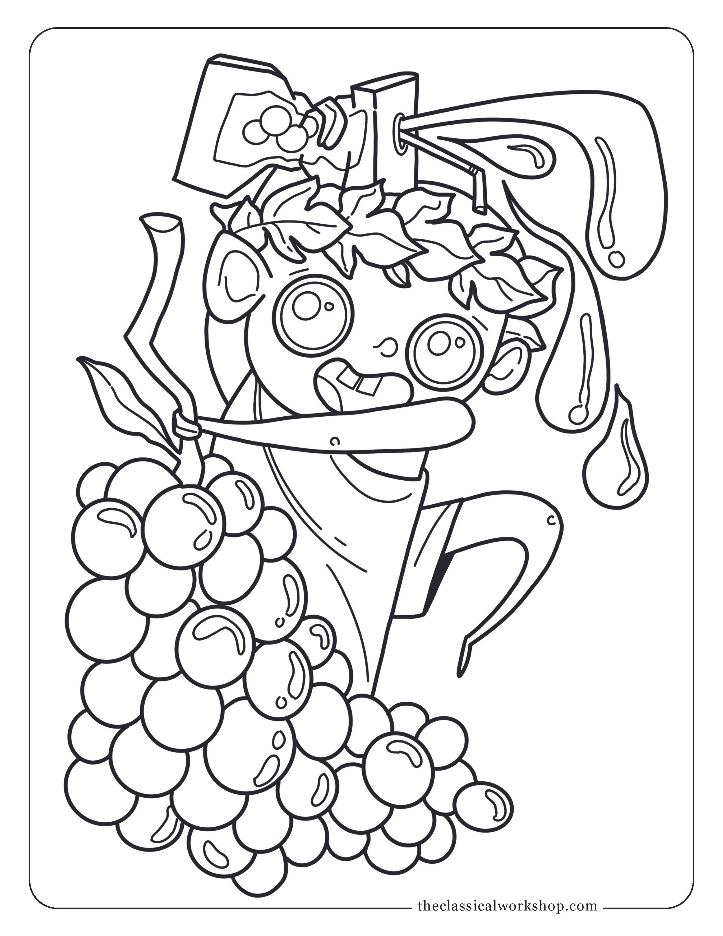 Children's coloring page featuring an illustration of Bacchus, the Roman god of juice boxes, dancing alongside some grapes.