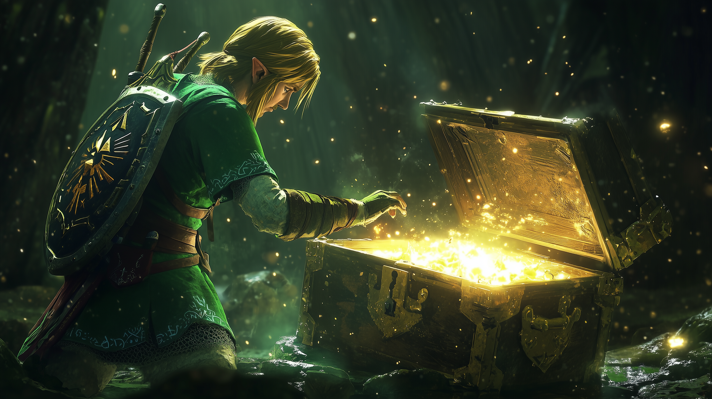 Character in green tunic with sword and shield opening a glowing treasure chest in a forest.