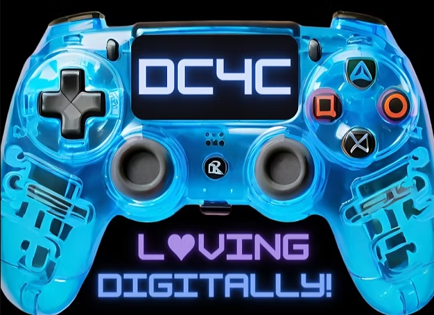 Blue transparent gaming controller with text "DC4C" on display screen and "Loving Digitally!" below in stylized font.