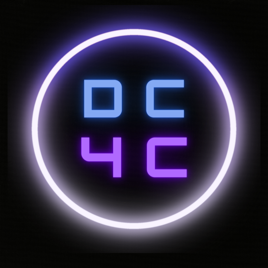Neon circle with letters "DC" and "4C" in blue and purple on black background