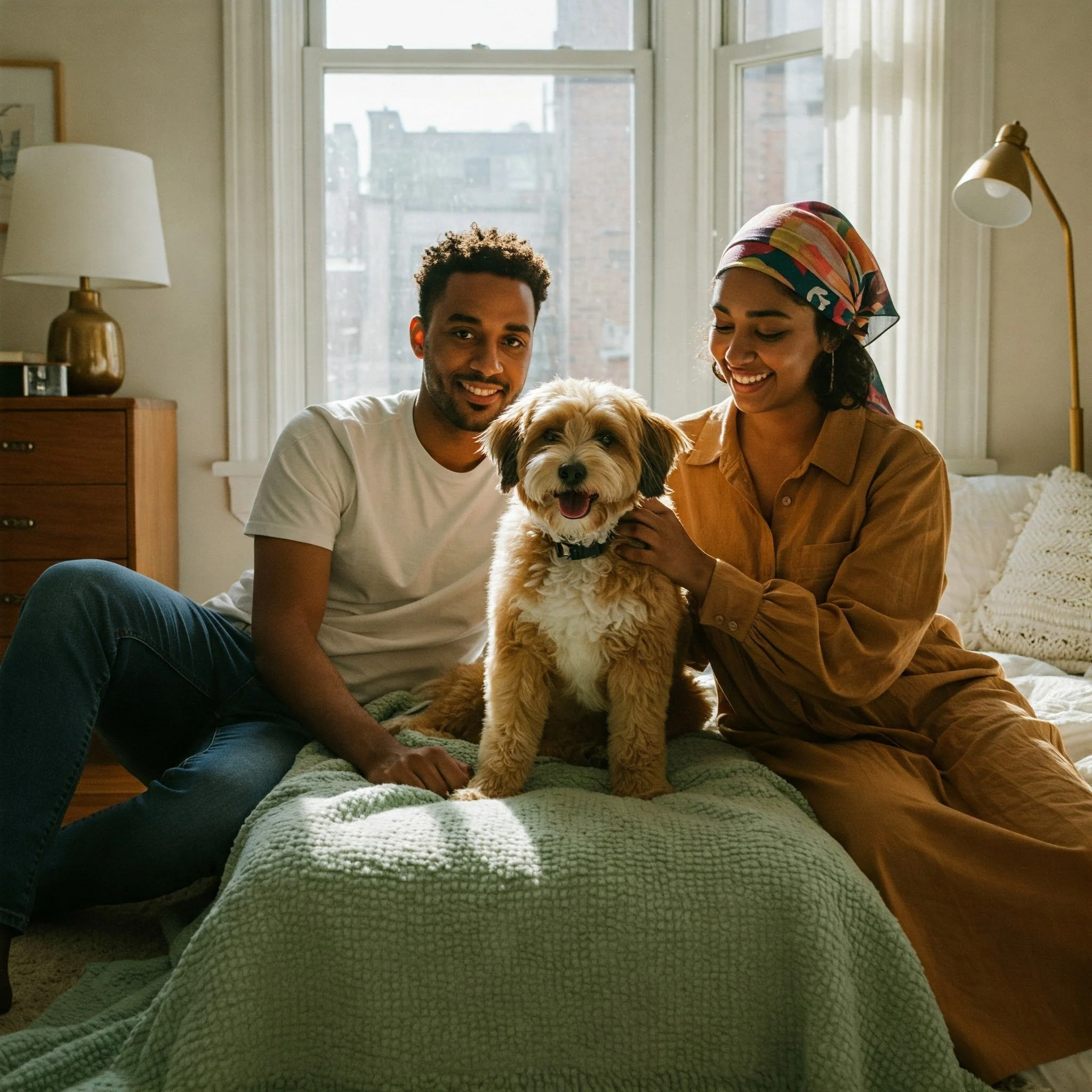 JiaHygge couple petting their dog in their NYC Apartment