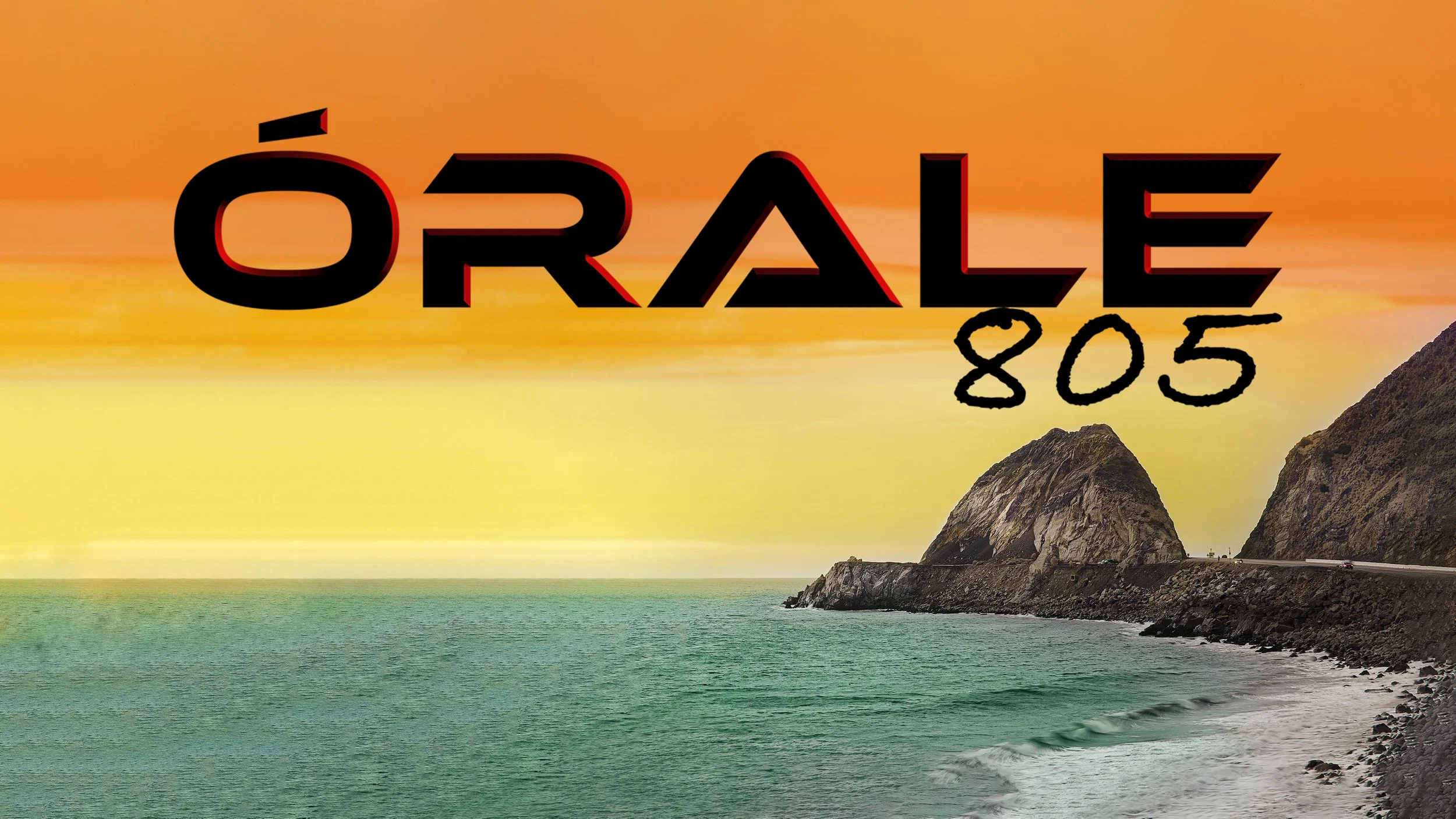 Sunset over the ocean with rocky cliffs and a winding road, with the text 'ÓRALE 805' in large, stylized letters.
