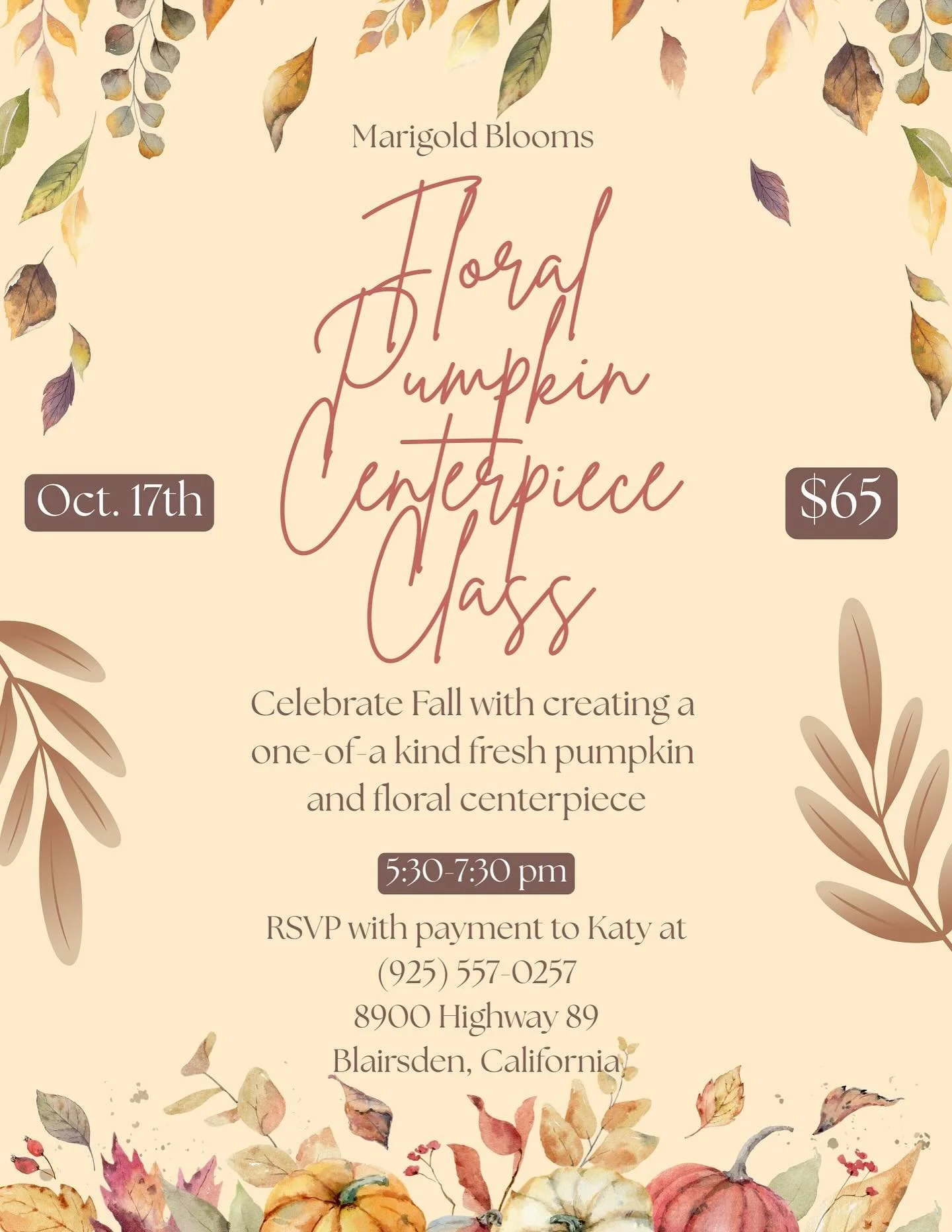 The weather is changing with the colors of autumn and we could not be more excited to bring you a brand new class! Join us in creating your very own pumpkin centerpiece arrangement with a fresh pumpkin and gorgeous blooms! RSVP now as spots are limit