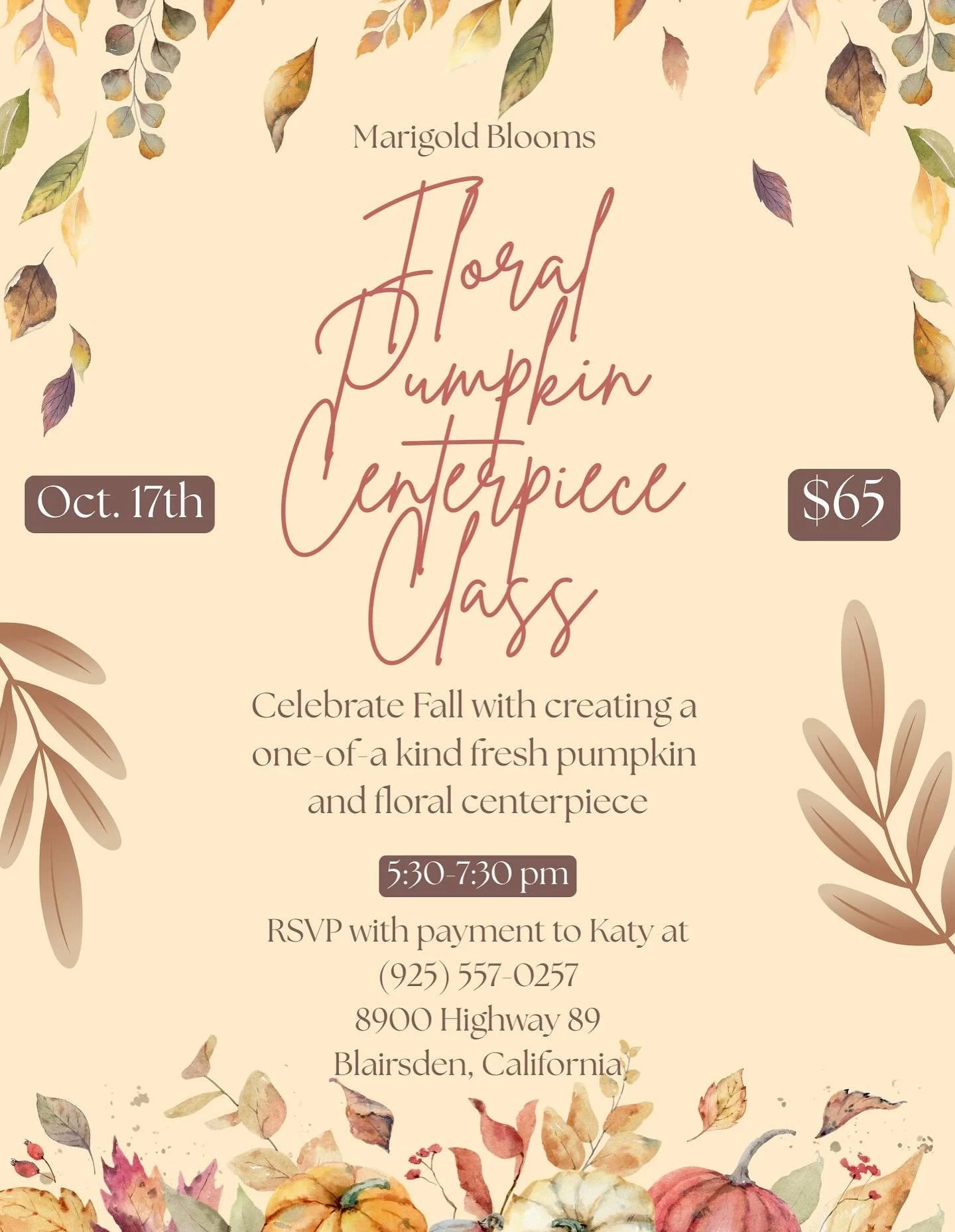 🎃🌻 Pumpkin Centerpiece Class is Almost Here! 🌻🎃
Get into the fall spirit with us! 🍂 We still have a few spots left for our Pumpkin Centerpiece Class &mdash; don&rsquo;t miss your chance to create a stunning seasonal arrangement!
🍷 Happy Hour in