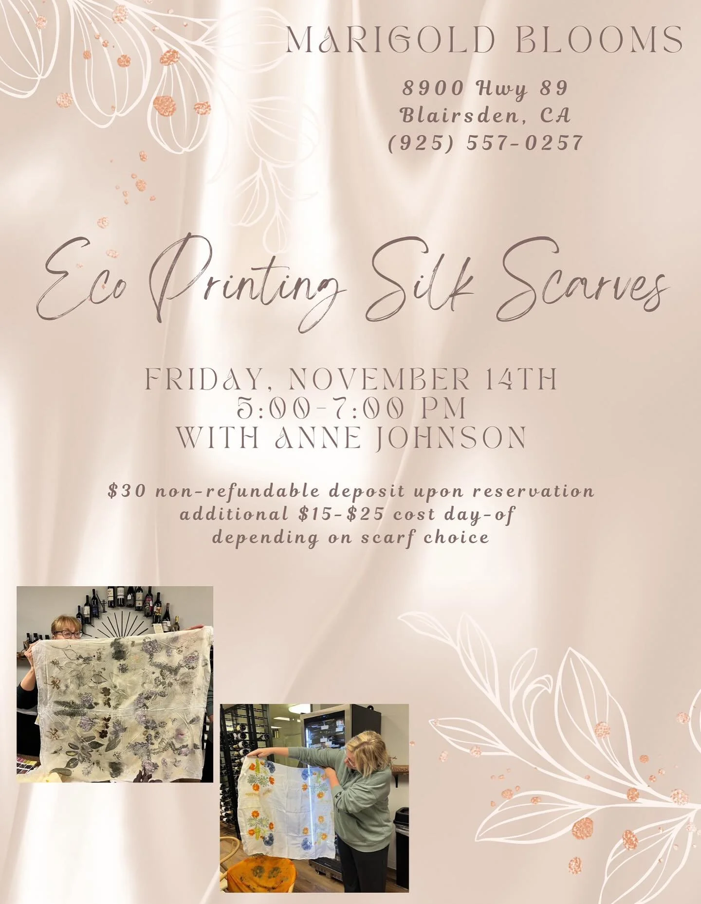 ✨ Get a head start on holiday gifting &amp; craft something truly from the heart. ✨

Details
&bull; Class Fee: $30 (non-refundable, due at reservation)
&bull; Silk Options: $10-$25 each
&bull; Create up to 4 silk pieces

Limited spots. Reserve yours 